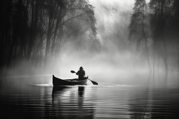 Een man in een boot met een peddel in de mist