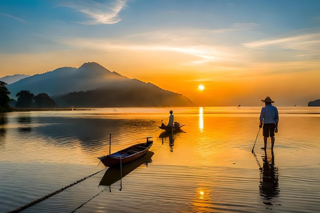 Een man in een boot met een zonsondergang op de achtergrond