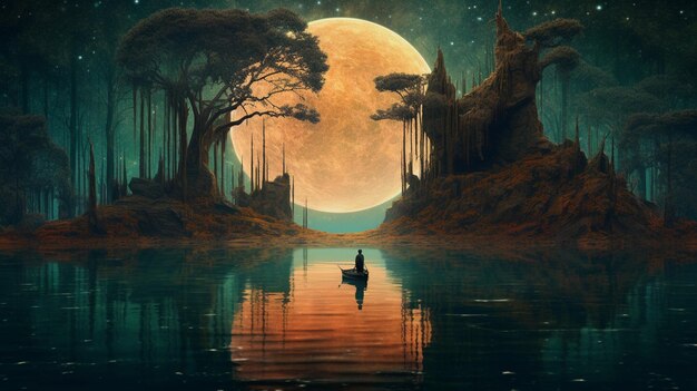 Een man in een boot op een meer met een volle maan achter hem.