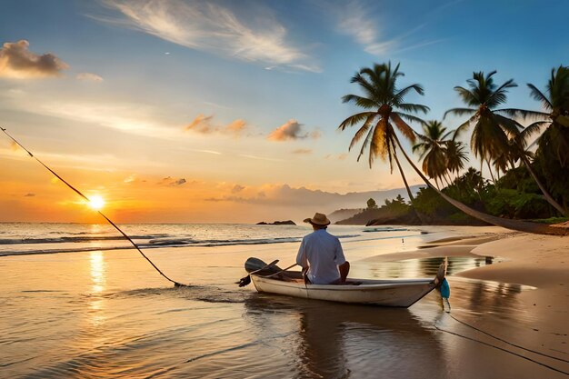 Een man in een boot op een strand bij zonsondergang