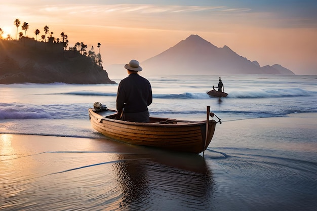 Een man in een boot op een strand met bergen op de achtergrond