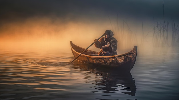 Een man in een boot roeit in de mist.