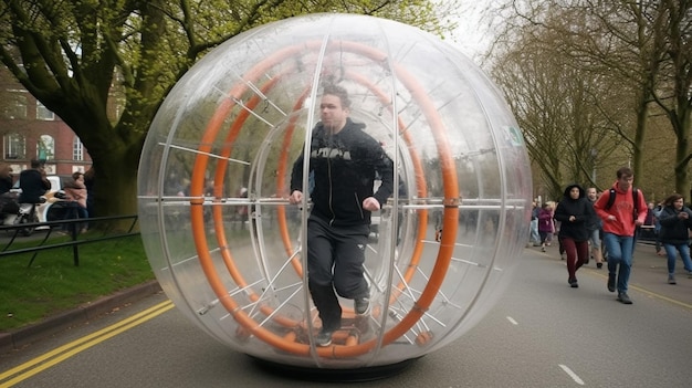 Een man in een bubbel op de weg