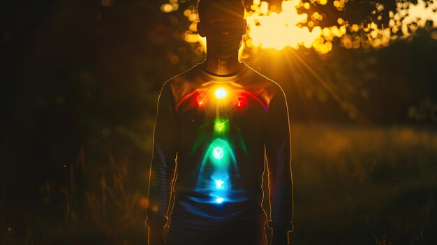 een man in een capuchon sweatshirt staat in het bos met de lichten op zijn rug