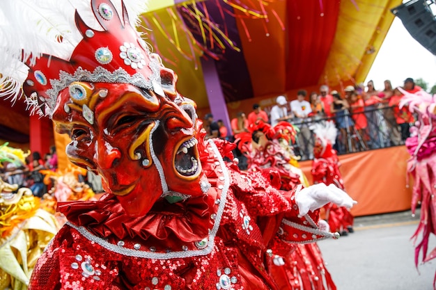 Een man in een carnavalskostuum en masker