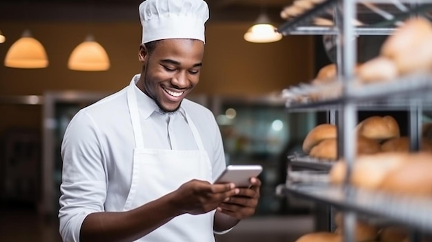 een man in een chef uniform die een telefoon gebruikt