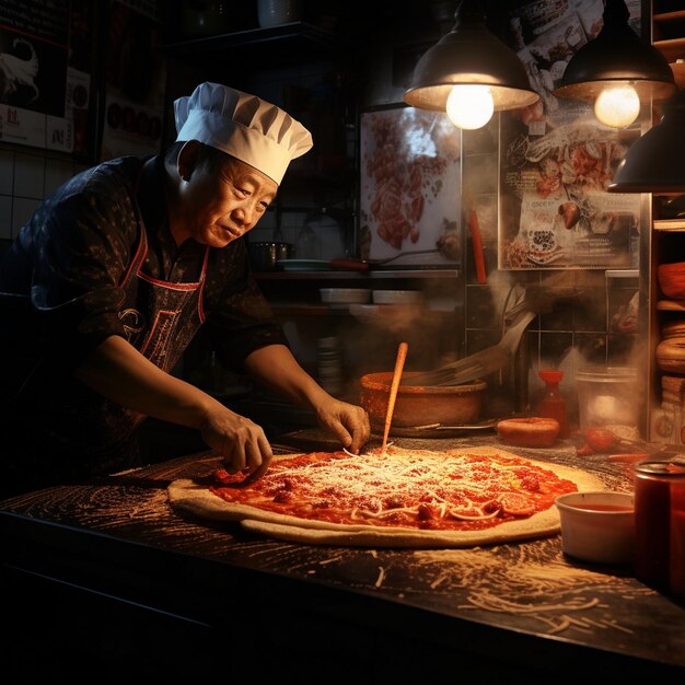 Een man in een chefhoed maakt een pizza.