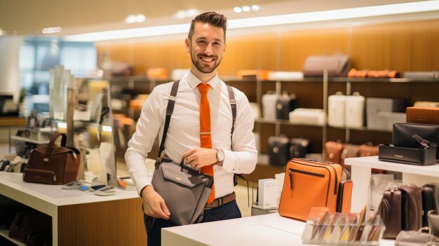 Foto een man in een das staat voor een winkel met een tas op zijn schouder