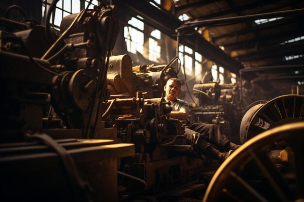 een man in een fabriek met een machine op de achtergrond