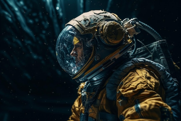 Een man in een geel astronautenpak met een helm en een luchtbel op de achtergrond.