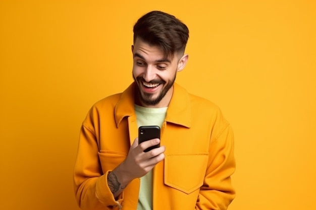 Een man in een geel jasje zit te sms'en op een telefoon