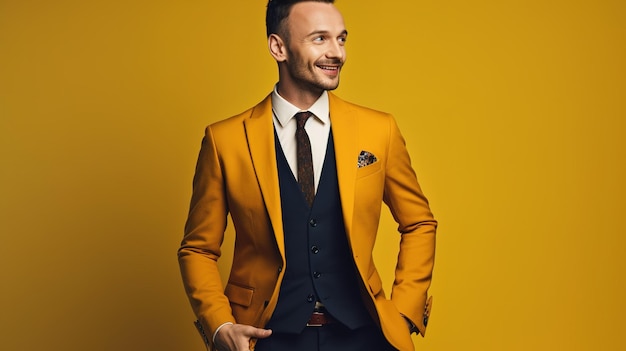 Een man in een geel pak staat voor een gele achtergrond.