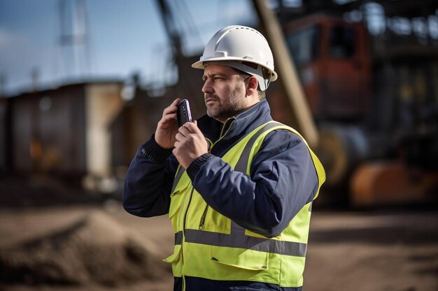 Foto een man in een geel vest houdt een mobiele telefoon vast.