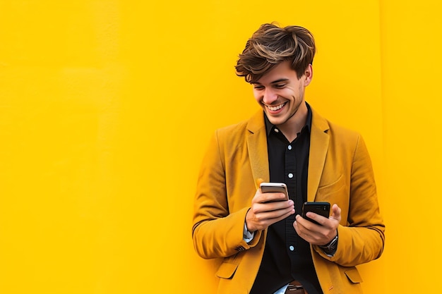 Een man in een gele jas gebruikt zijn telefoon