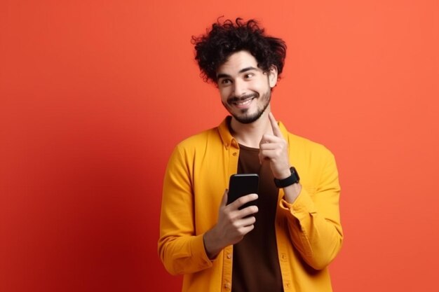 Een man in een gele jas houdt een telefoon vast en glimlacht.