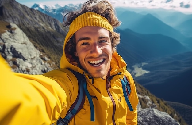 Een man in een gele jas maakt een zelfportret op een berg.