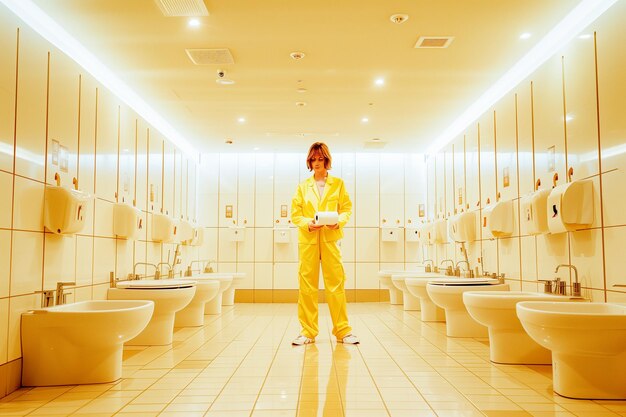 Een man in een gele jumpsuit staat in een badkamer met een rol toiletpapier in h