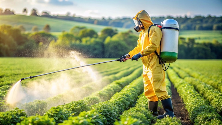 Foto een man in een gele regenjas spuit planten met een slang