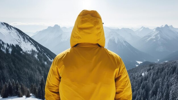 Een man in een gele regenjas staat op een bergtop en kijkt naar de bergen.