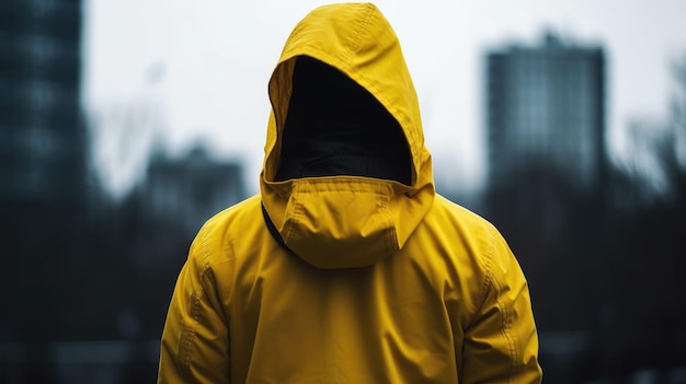Een man in een gele regenjas staat voor een stadsgezicht.