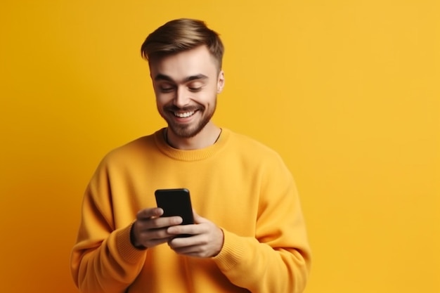 Een man in een gele trui sms't op zijn telefoon