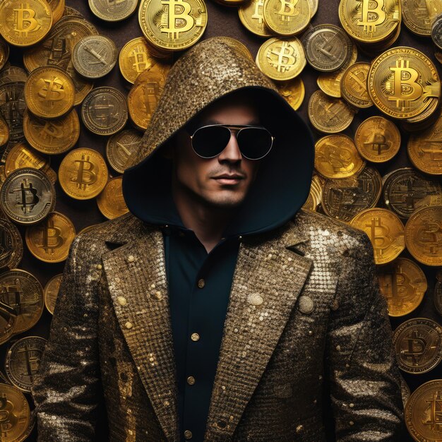 Foto een man in een gouden jas op de achtergrond van bitcoins