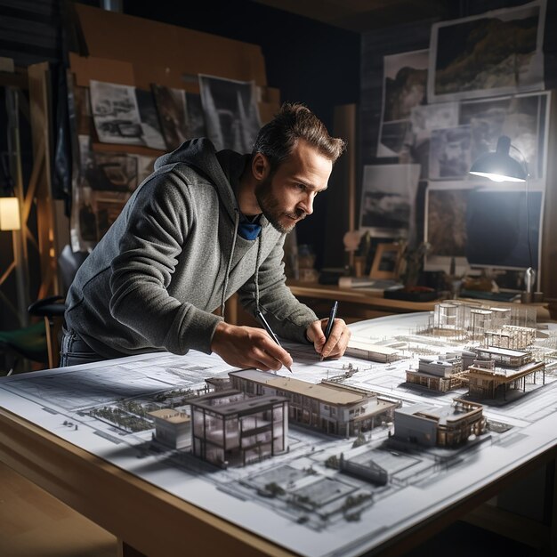 een man in een grijze hoodie zit aan een tafel met een tekening van een huis erop