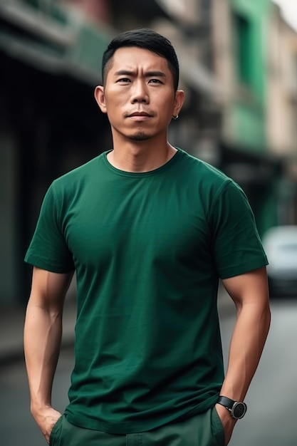 Een man in een groen overhemd staat op straat met een groen t-shirt aan.