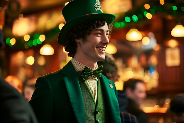 Een man in een groen pak en hoge hoed viert St Patricks Day in een pub