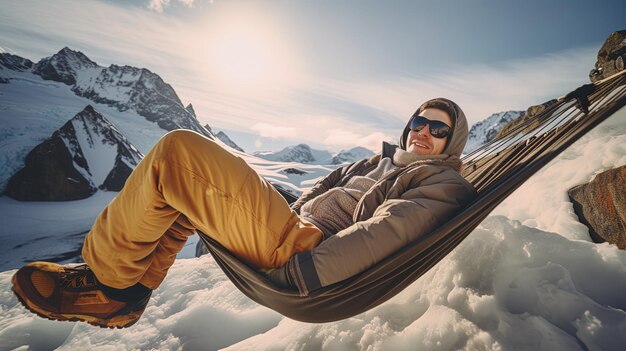 Een man in een hangmat ligt in de sneeuw.