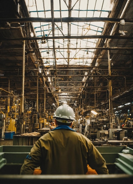 een man in een harde hoed staat in een fabriek met een grote industriële machine op de achtergrond