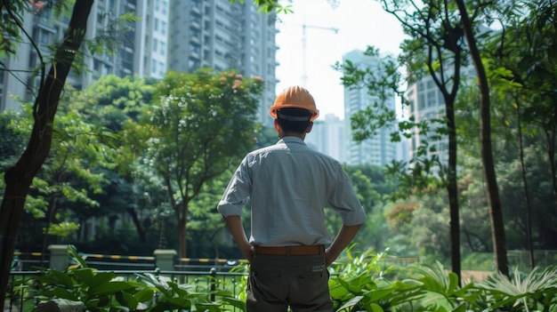 Een man in een hardhat bekijkt zijn handwerk dat torent over een uitgestrekt park dat hij in zijn eentje heeft gebouwd