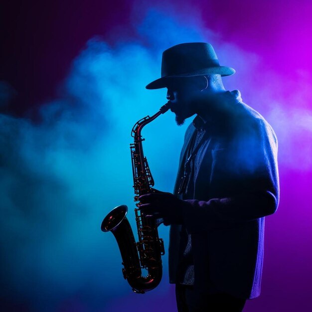 een man in een hoed die een saxofoon speelt