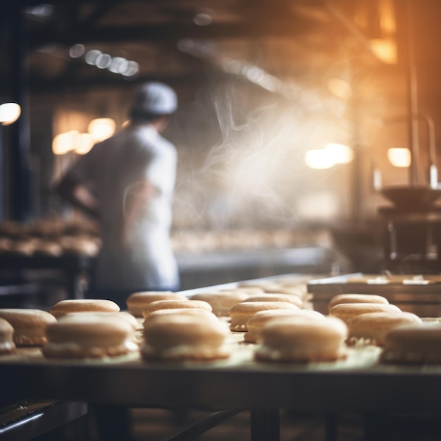 Een man in een hoed werkt aan de productielijn van hamburgers ai