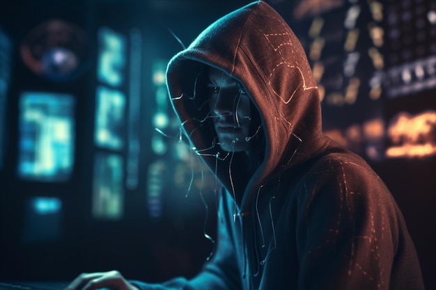 Een man in een hoodie met het woord cyberpunk op de voorkant.