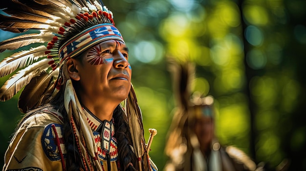 een man in een inheemse kleding staat voor een boom met de bladeren op de achtergrond.