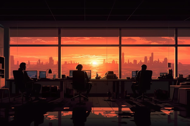 Een man in een kamer met uitzicht op de stad bij zonsondergang