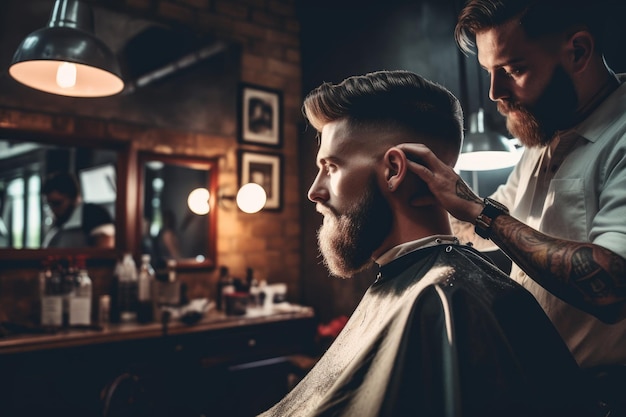 Een man in een kapperszaak met een baard voor een spiegel.