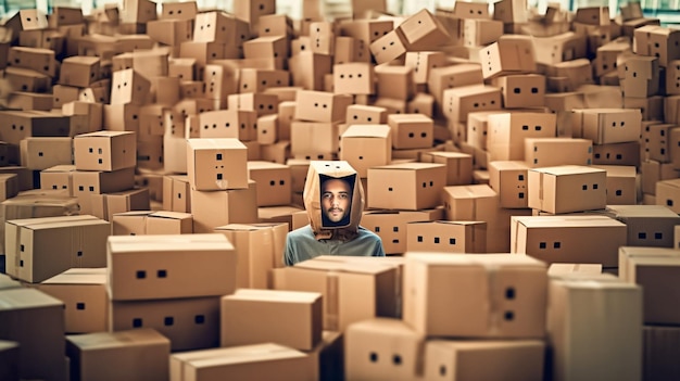 Een man in een kartonnen doos met een gezicht op zijn hoofd wordt omringd door dozen.