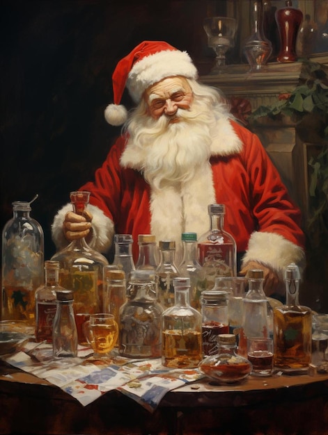 een man in een kerstmanpak kijkt naar een fles alcohol.