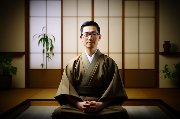 een man in een kimono zit in een kamer met een boom op de achtergrond.