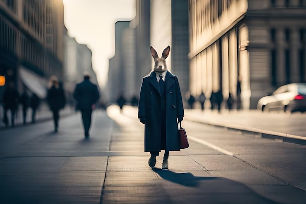 een man in een konijnenpak draagt een pak en een stropdas.