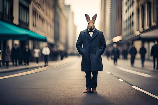 een man in een konijnenpak met een hoed op zijn hoofd staat op straat.