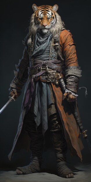 een man in een kostuum met een zwaard in zijn hand