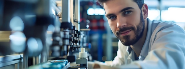 Een man in een lab die naar de camera kijkt.