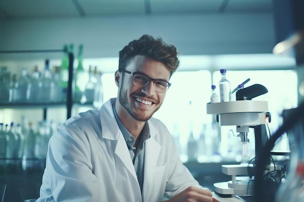 Een man in een laboratoriumjas lacht naar de camera terwijl hij aan een microscoop werkt.