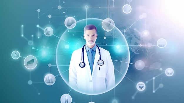 Een man in een laboratoriumjas met een blauwe achtergrond met op de voorkant de woorden dokter.