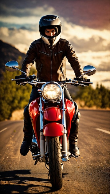 een man in een lederen jas rijdt op een rode motorfiets