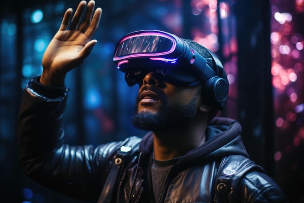Een man in een leren jas met een virtual reality-headset Generatieve AI