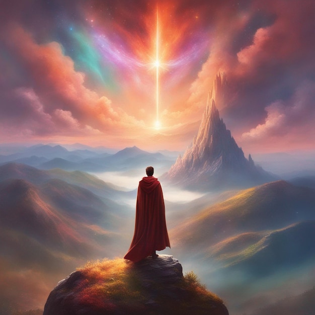 Een man in een mantel staat op een berg met een ster en een kleurrijke wolk in de lucht behang